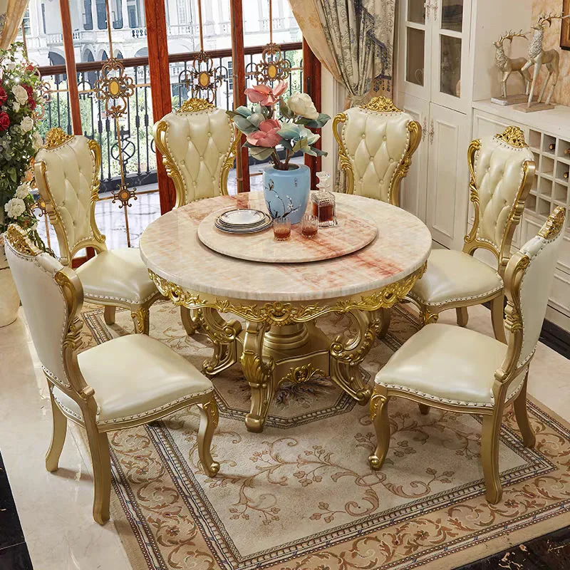 European Round Dining Table and Chair Combination Marble 6-person Dining Table Household with Turntable Champagne Gold