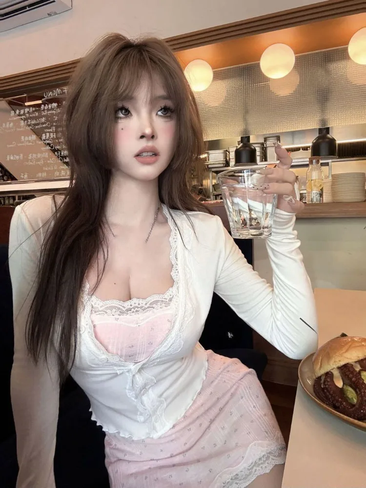 

Y2k Эстетический комплект из двух предметов с сказочным принтом Мини-платье-комбинация с высокой талией + кружевной лоскутный облегающий кардиган Винтажный костюм в стиле гранж