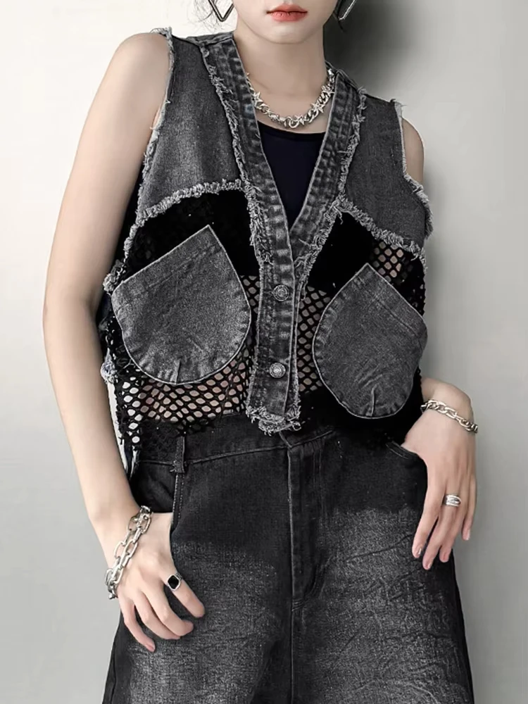 

Women Denim Hollow Out Splice Big Size Short Vest New V-collar Sleeveless Looe Fit Fashion Tide Spring Autumn 2024 1DH4345