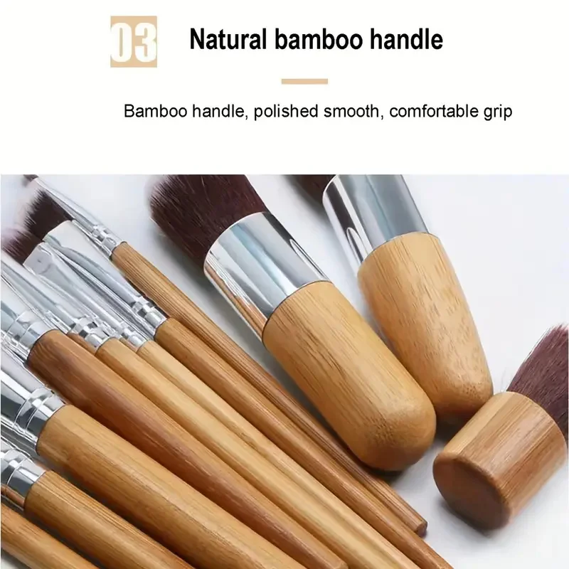 Conjunto de pincéis de maquiagem profissional, 11 peças, cabo de bambu, cerdas sintéticas macias, base, corretivo, pó, blush, sombra