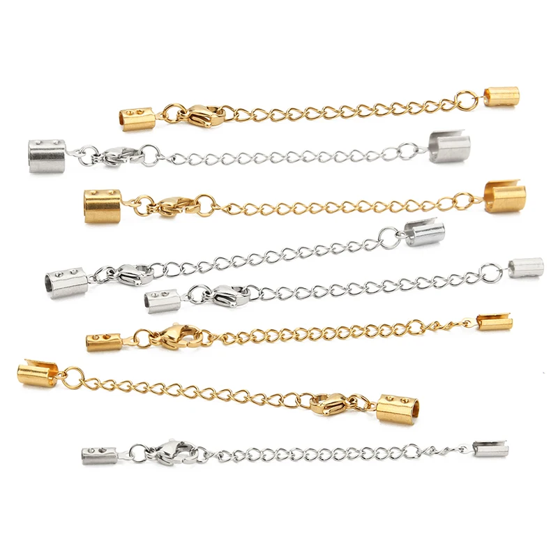 

5 Sets/Lot Gold Color Stainless Steel Leather Rope Crimp End Caps Connector Leather Bracelet Extension Chain Accessories