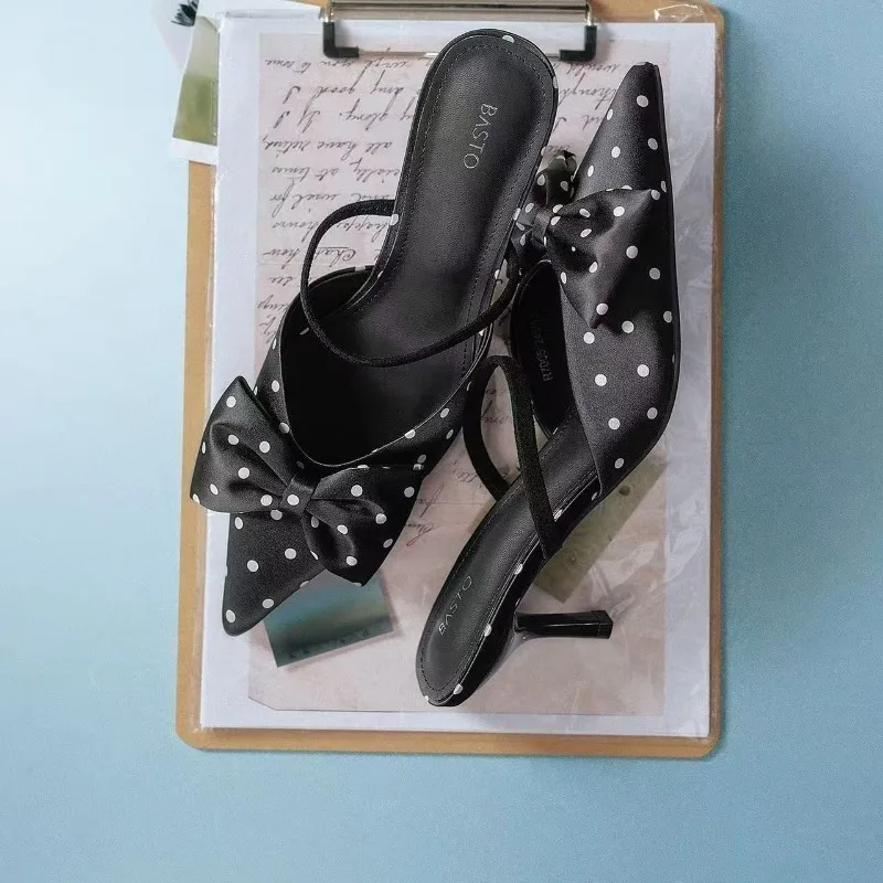 Women Fashion High Hee Sandals 2026 New White Black Polka Dots High Heel Shoes Summer Stilettos Pointed Toe Dress Women Pumpsl - view 3