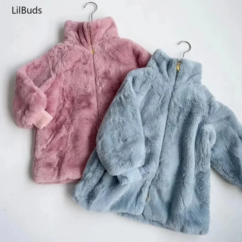 2024 3-12 Years Old Kids Girl French Baby Children's Clothing Imitation Fur Coat Thin Cotton-Padded Jacket Autumn Winter Costume