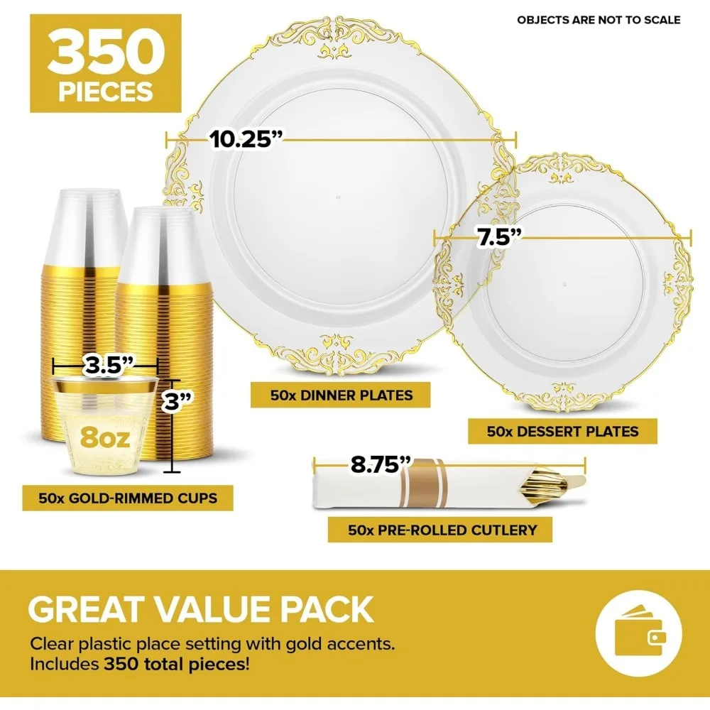 جديد - طقم أطباق شفافة وذهبية مع أدوات مائدة مسبقًا مع مناديل وأكواب ذهبية، أواني طعام لـ 50 ضيفًا (350 قطعة)،