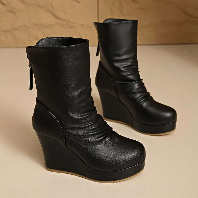 المرأة منتصف العجل أسافين أحذية الشتاء موضة جديدة حذاء كاجوال المرأة أنيقة عالية الكعب جولة تو منصة حذاء أسود النساء