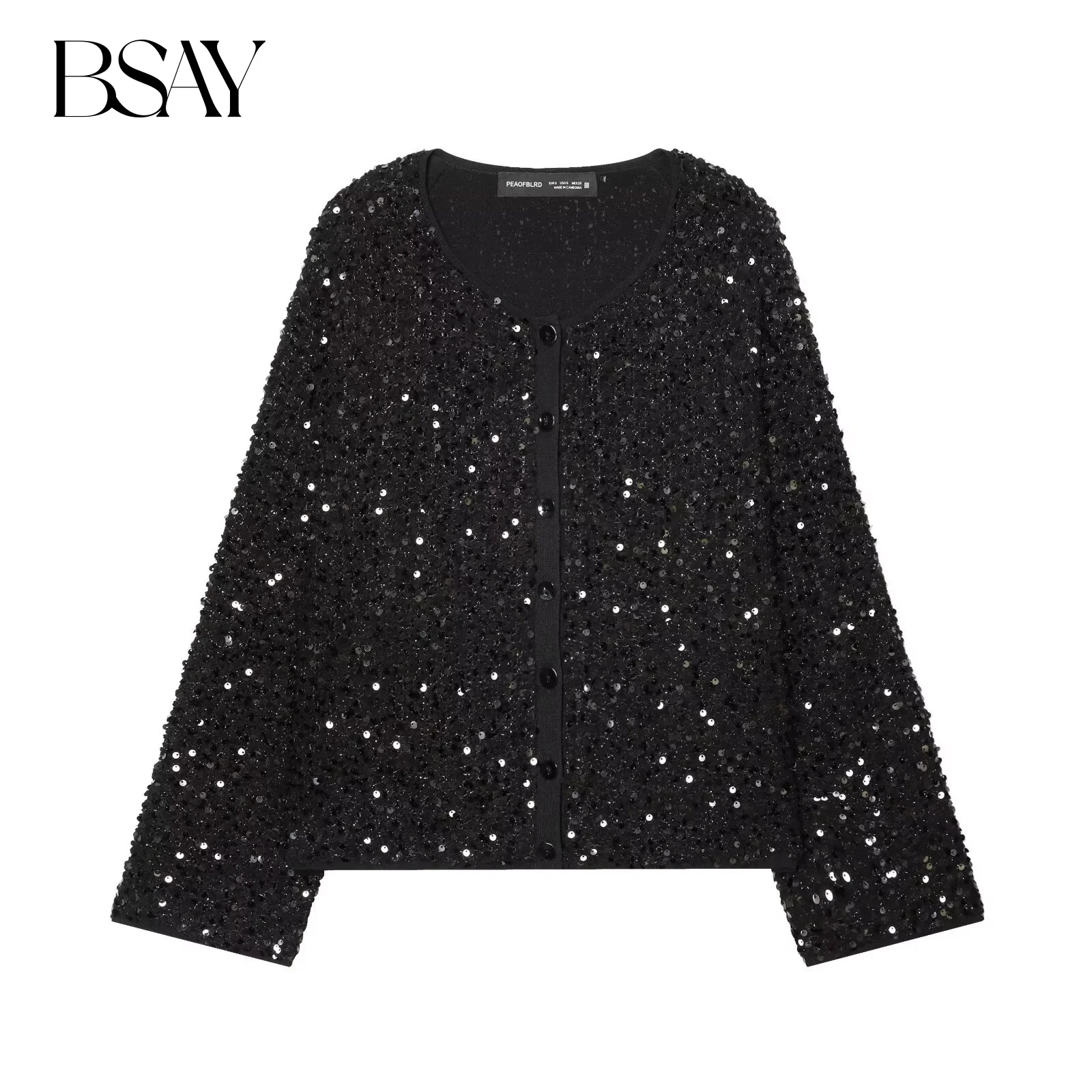 

BSAY Sequins Jacket for Women Fashion Autumn Winter New Long Sleeved Single Breasted Round Neck Short Coats Chic Ladies Tops