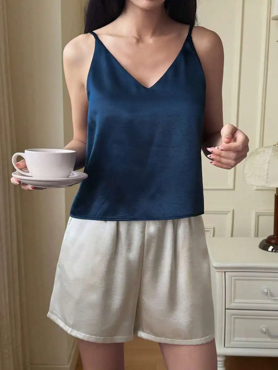 Satin V-Neck Camisole And Shorts Sleepwear Set For Women Summer