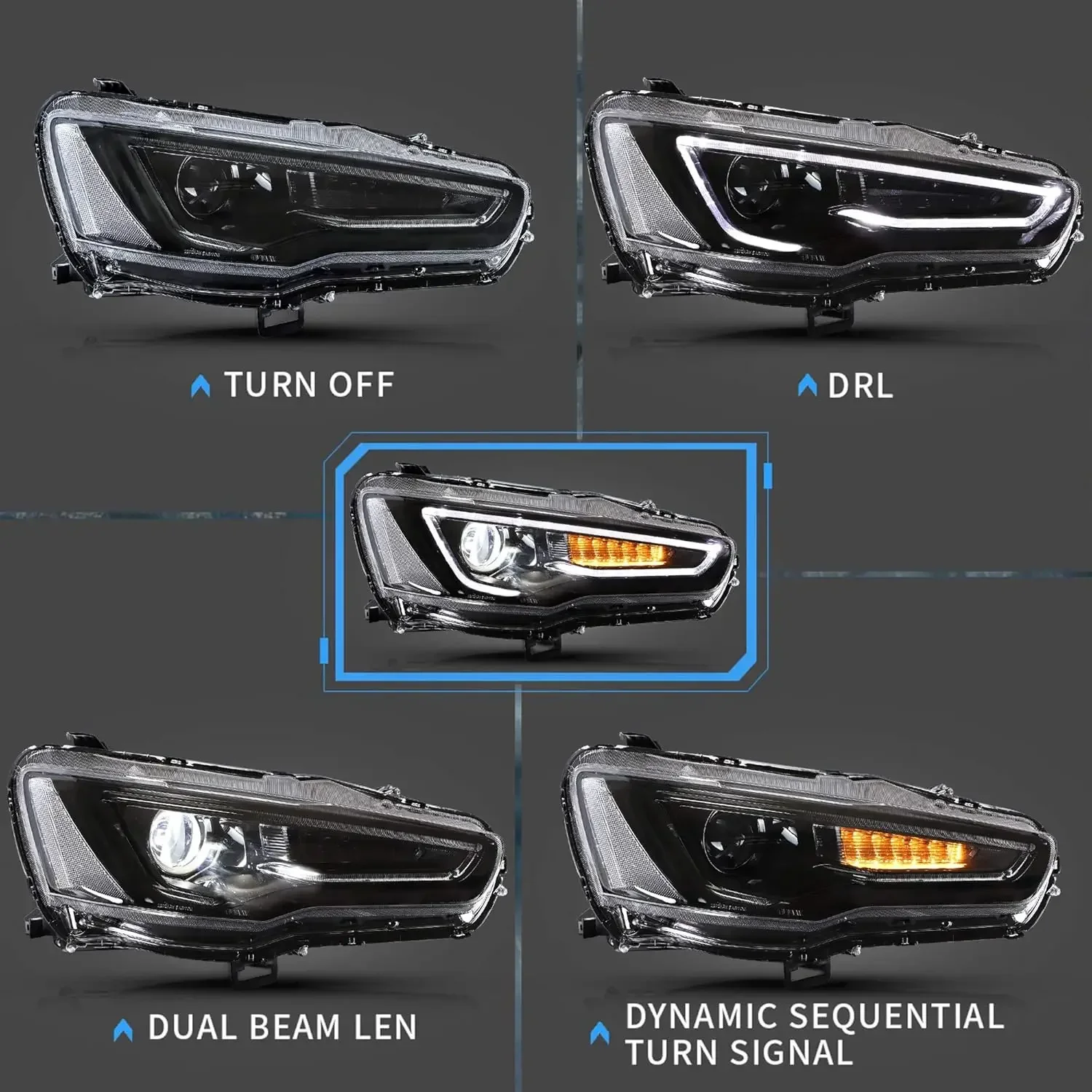 Led Headlights Compatible with Mitsubishi Lancer& EVO X 2008-2020 Projector Front lamp Assembly w/Smoke Lens w/Sequential