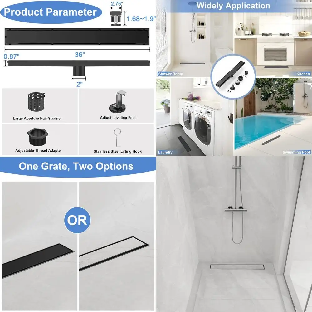 

Matte Black 36 Stainless Steel Linear Shower Drain with Tile Insert, Hair Catcher, and Leveling Feet for Bathroom Use