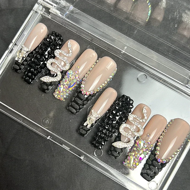 Luxury Handmade 3XL Long Coffin False Nails Customized Rhinestone Acrylic Press On Nails Y2K Reusable XXL Fake Nail With Glue