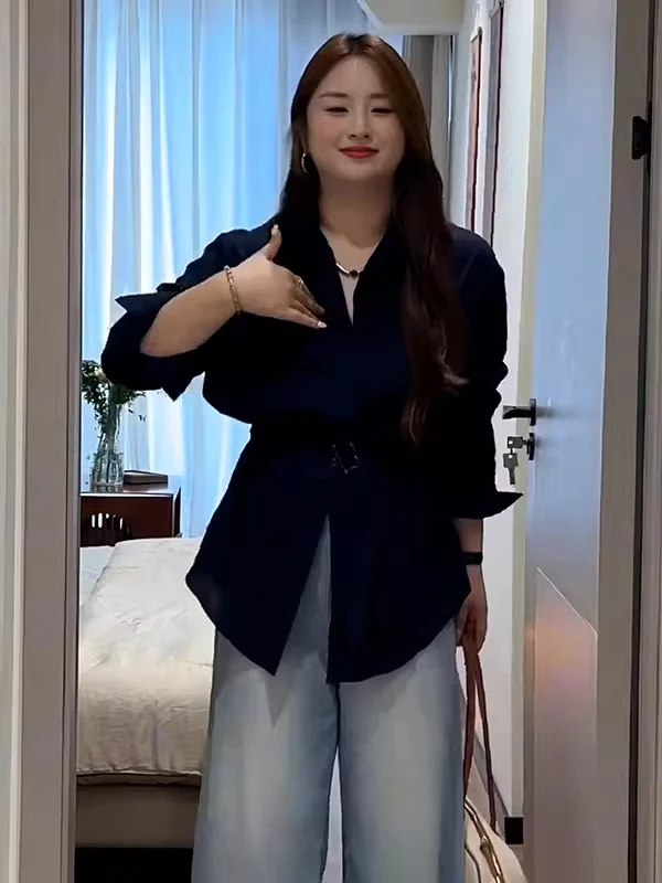 Minceur grande taille femmes Vintage irt avec ceinture longue Sve Sli haut coréen Sle trajet Faion décontracté irt