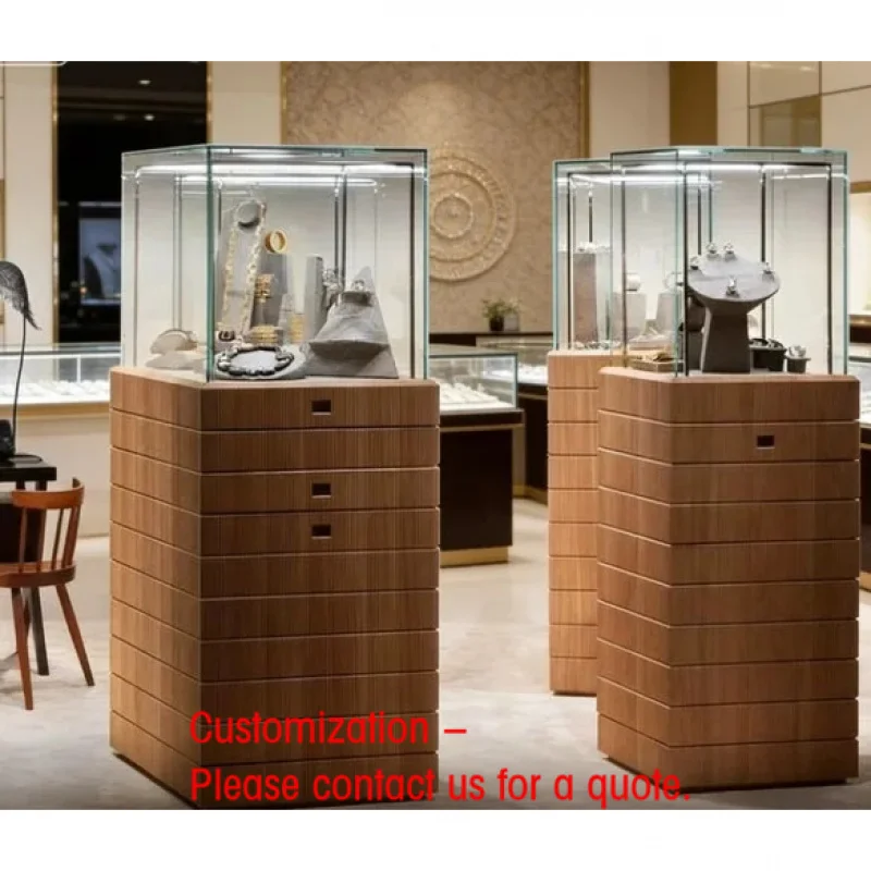 custom.Luxury Tall Freestanding Jewelry Display Wooden Base Tempered Glass Showcase LED Lighting Customized Design Retail S
