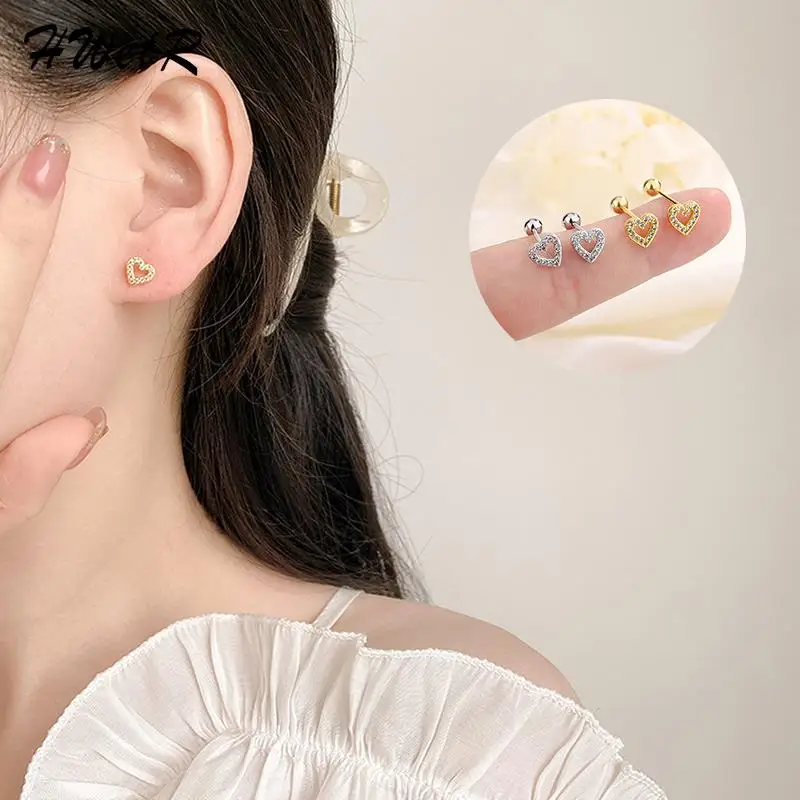 Exquisite Hollow Sparkling Heart Stud Earring Ear Cartilage Piercing For Women Girl Minimalist Jewelry Party Birthday Gift