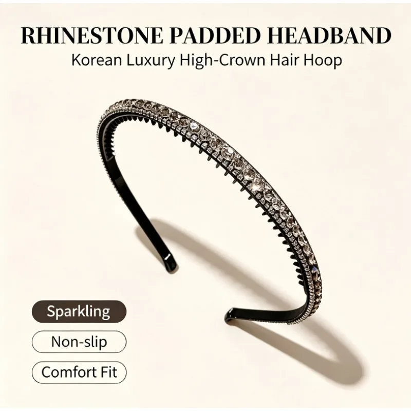 Luxury Crystal Padded Headband for Women,Simple Elegant High‑Crown Hair Hoop,Non‑slip Broken Hair Finishing Headband for Daily