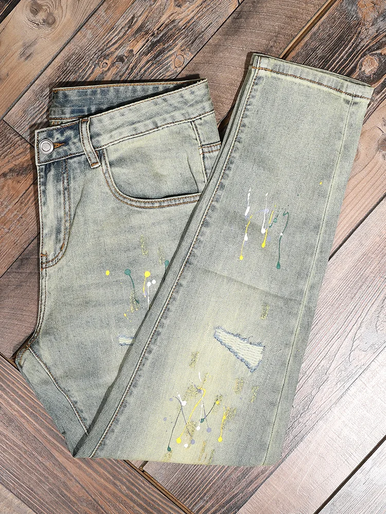 Vintage Blue Ink Splash Nine-point Jeans Men with Ripped Patches Trendy Cool Stretch Skinny Pants