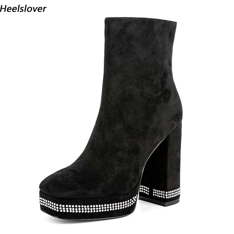 

Ahhlsion Women Winter Ankle Boots Platform Chuny Heels Square Toe Pretty Red Purple Party Shoes Ladies US Plus Size 5-9