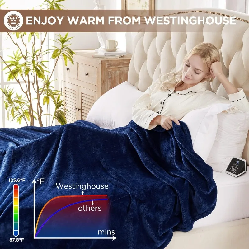 Westinghouse Heated Blanket,Electric Heating Blanket,Fast Heating Warming Blanket,Machine Washable(Queen,84x90 Inches,Navy Blue)