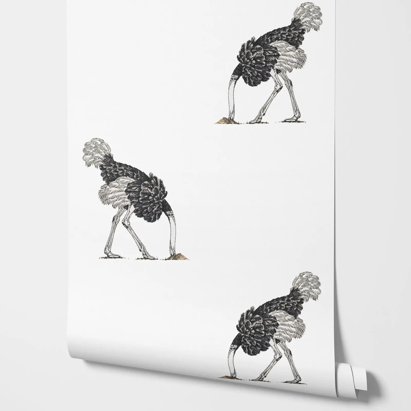 Cute Animal Wallpaper Peel and Stick,Black Ostrich Pattern In White Background Wall Papers,Home Decorations/Wall Art,Custom SIze
