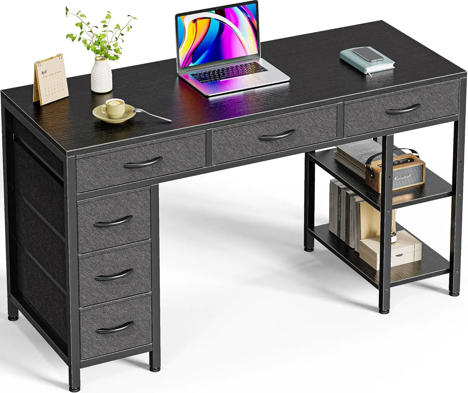 

A computer desk with 6 drawers and a 47 inch office desk with shelves