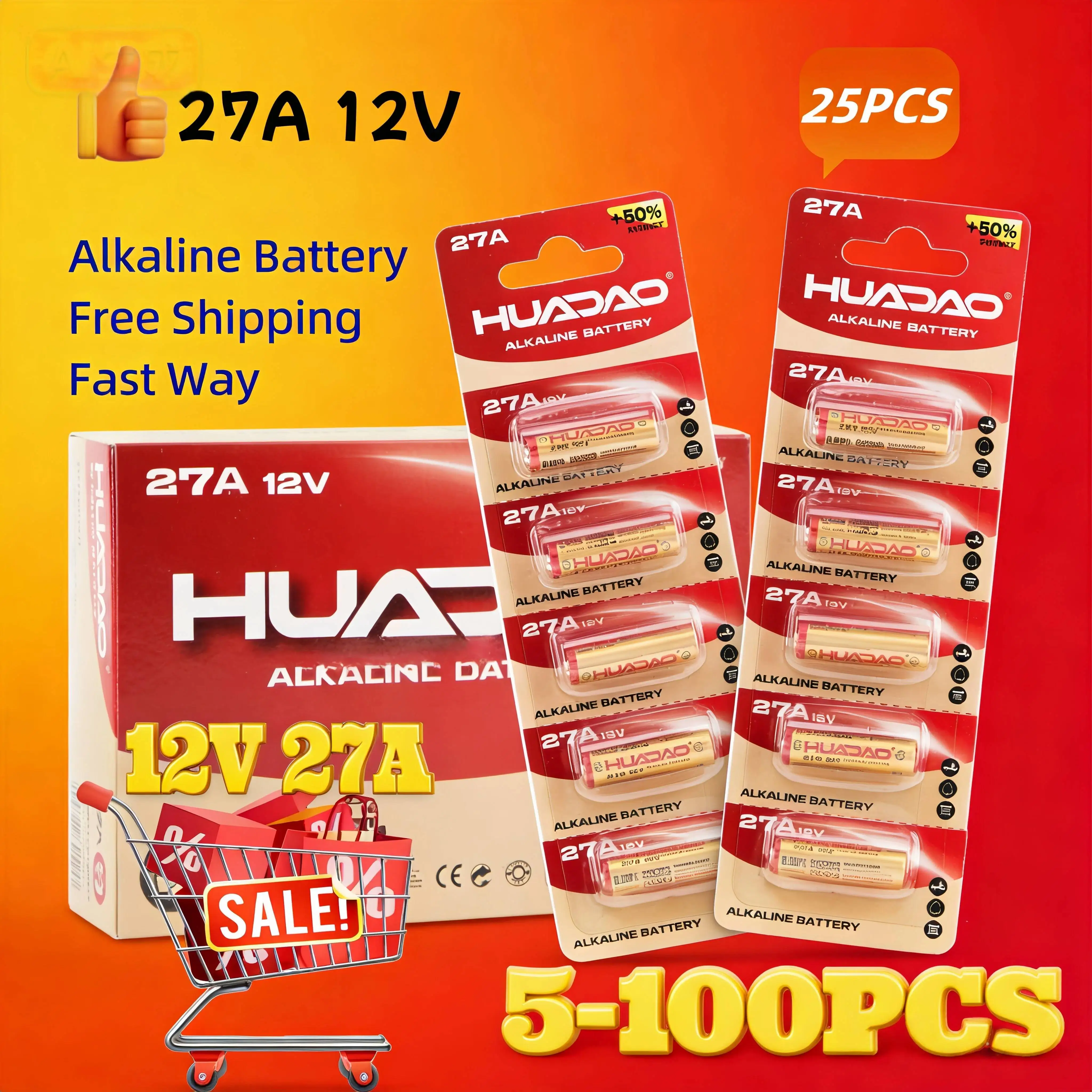 

HUADAO 27A 12V Battery A27 Alkaline Batteries - Long Lasting 12 Volt Power for Car Remotes, Keyless Entry, and Garage Openers