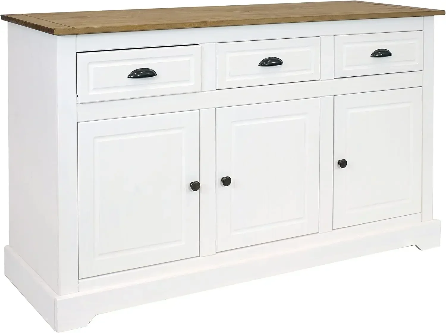 Solid Pine Sideboard Cabinet with 3 Drawers and 3 Doors - Features Adjustable Inner Cabinet Shelf - Zinc Alloy Hardware - White