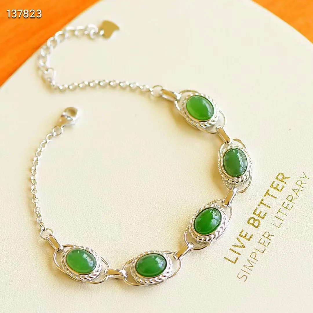 

Natural open 925 sterling silver bracelet inlaid green oval hetian jade temperament ladies jewelry bangles Ladies' Gift