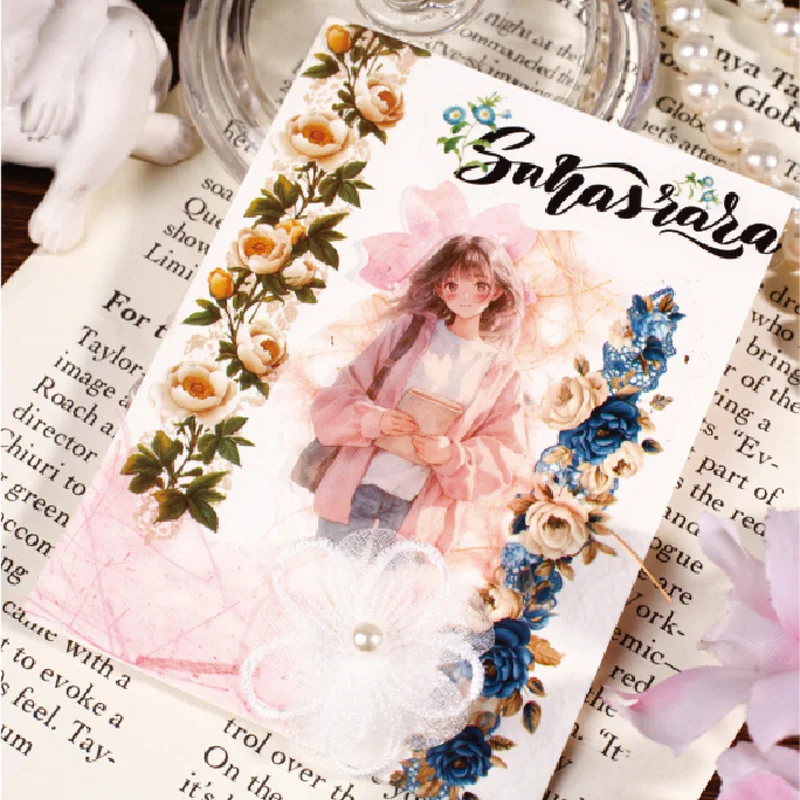 10 Photos 6 Books Waterproof PET Long Stickers Floral Fragrance Series French Retro Rose Flower Lace Pattern Creative Hand Note