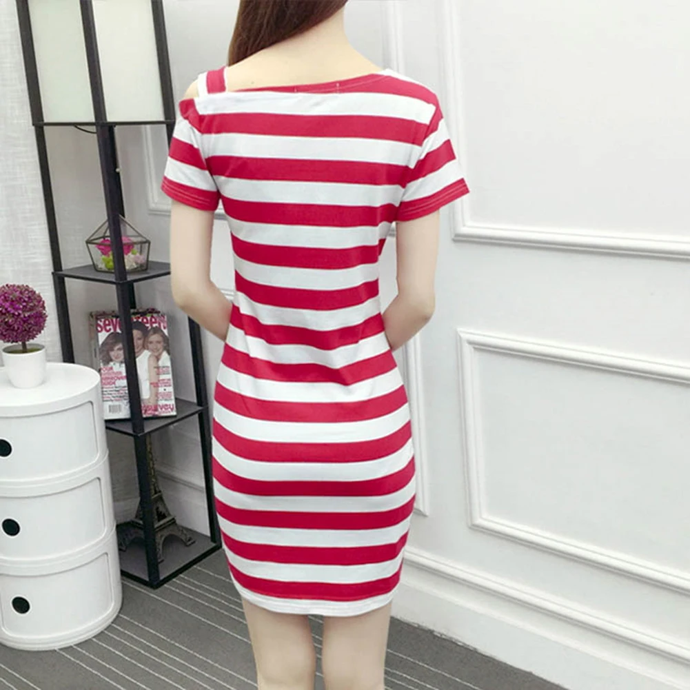 Women Fashionable Slim Design Delicate Stripe Printing Pullover Dress Off-shoulder Dress