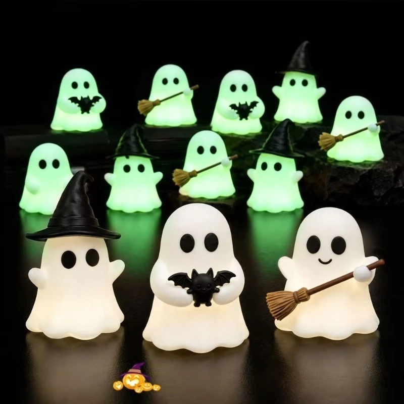 6pcs Luminous Mini Ghost Statue No Battery Needed Spooky Ghost Figure Halloween Party Desktop Cake Topper Home DIY Craft Decor