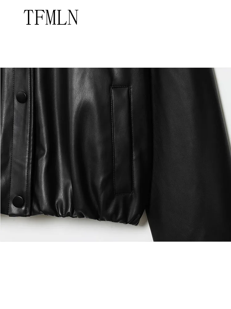 TFMLN 2025 가을 여성 인조 가죽 봄버 재킷 패션 스탠드 칼라 싱글 브레스티드 루즈 코트 캐주얼 모터사이클 아우터웨어