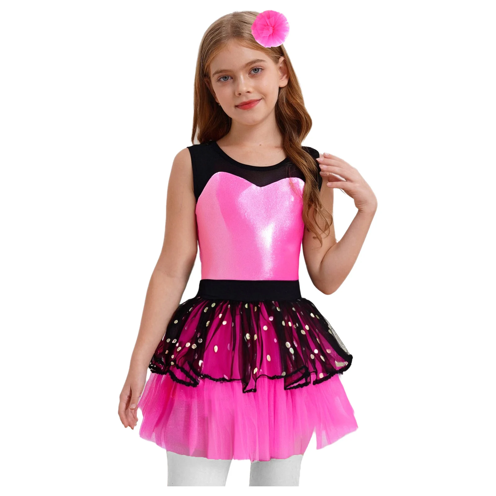 

Kids Girls Lyrical Ballet Dance Dress Sleeveless Sheer Mesh Patchwork Metallic Tutu Dress with Headwear Ballet Jazz Dance Wear