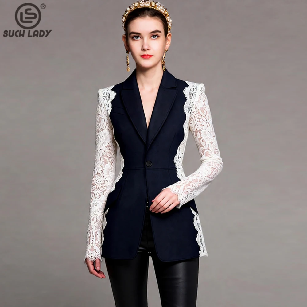 

Женский черно-белый блейзер с кружевными вставками — куртка с длинными рукавами, отложным воротником, элегантными кружевными рукавами и боковыми вставками