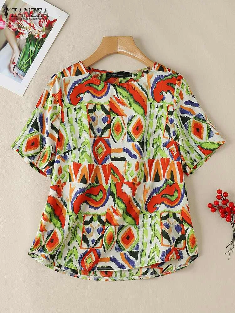 2024 ZANZEA Summer Bohemian Floral Printed Tops Women Short Sleeve Blouse Fashion Holiday Satin Tops Casual Vintage Party Blusas