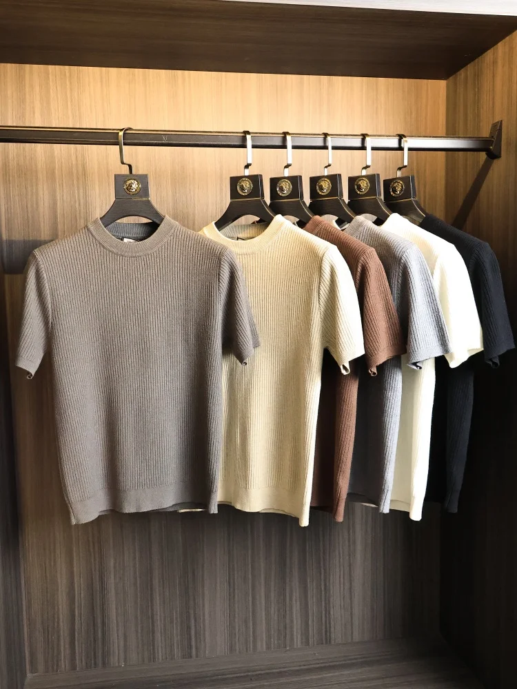 High Quality Knitted Men's Short Sleeve round Neck Sweater Autumn Fashionable Urban Style Comfortable Breathable Skin-friendly
