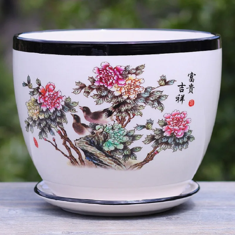 China Jingdezhen Ceramic Flower Pot Vintage Ink Painting Desktop Decorative Vase Indoor Greenery Landscape Breathable Flower Pot