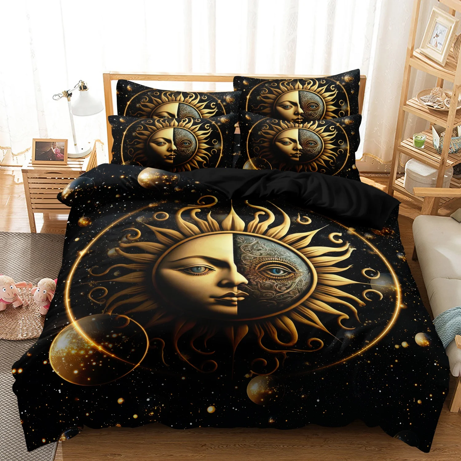 3 Pieces Black Starry Galaxy Golden Sun Moon Face Print Duvet Cover Set, Cosmic Celestial Planet Swirl Sun God Print Bedding