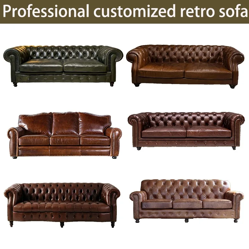 Custom American Vintage Oil-Waxed Leather Sofa for Living Rooms, Cigar Clubs, Cafés, KTVs, Barsand Offices with Industrial Style