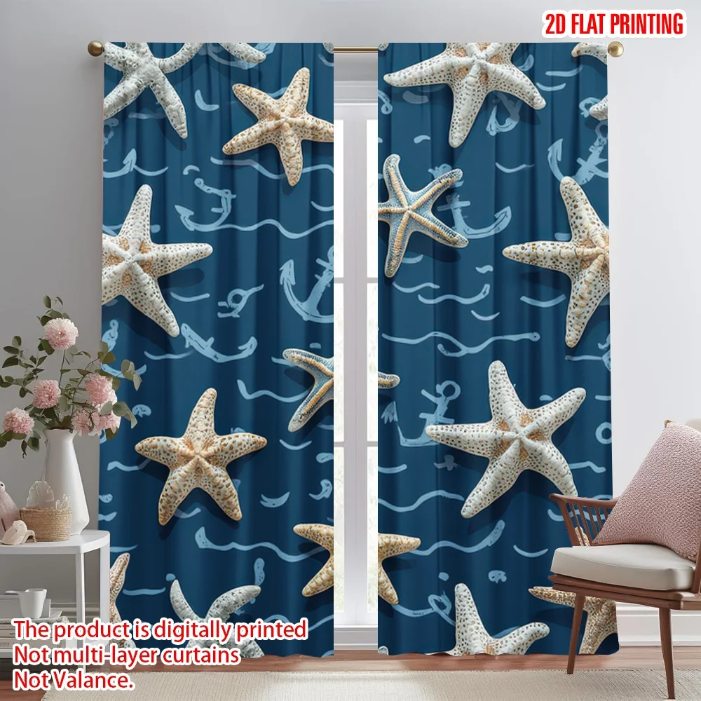 

2D flat printing 2pcs Curtains Nautical Starfish and Anchors Digital Printed Polyester Drapes Family Party Decoration for Photo