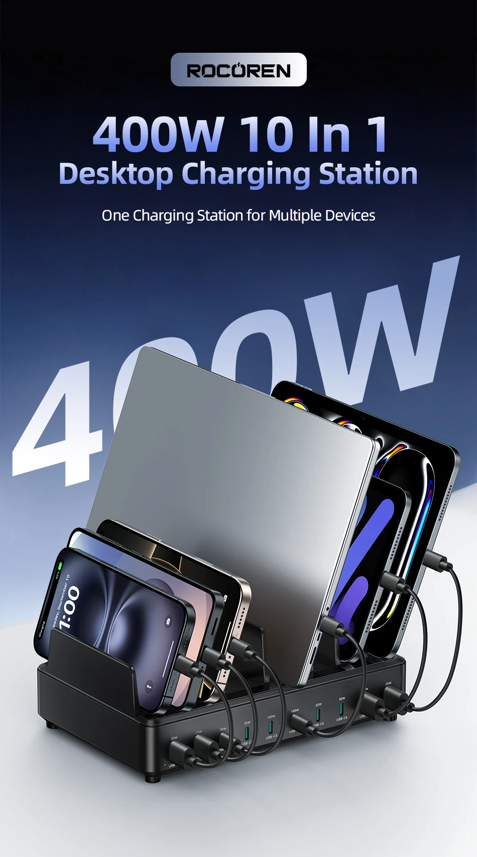 Rocoren 400W GaN-Ladegerät 6-Port Desktop-Schnellladegerät USB Typ C Ladegerät Tragbare Powerstation für iPhone 17 Pro Max Xiaomi 14 – Detail 1