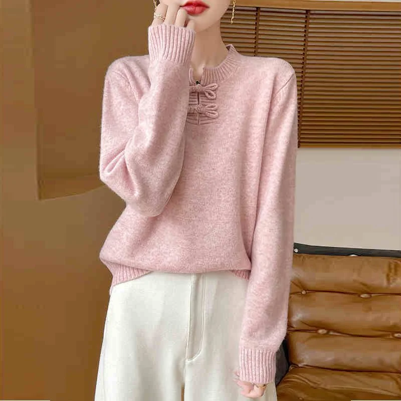 New Autumn Winter Encore Red Fashionable Buckle Sweater Mother Dress Chinese Knitted Base Shirt for Women