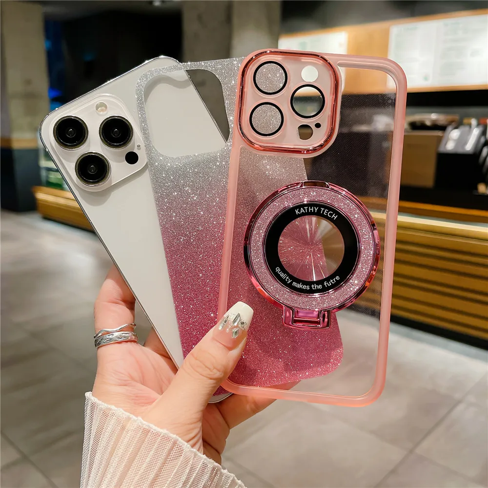Gradient Glitter Stand Holder Magnetic Case For Xiaomi Redmi Note 13 Pro Note13 Pro Plus 13C 13 Lite 13T POCO X6 Silicone Cover