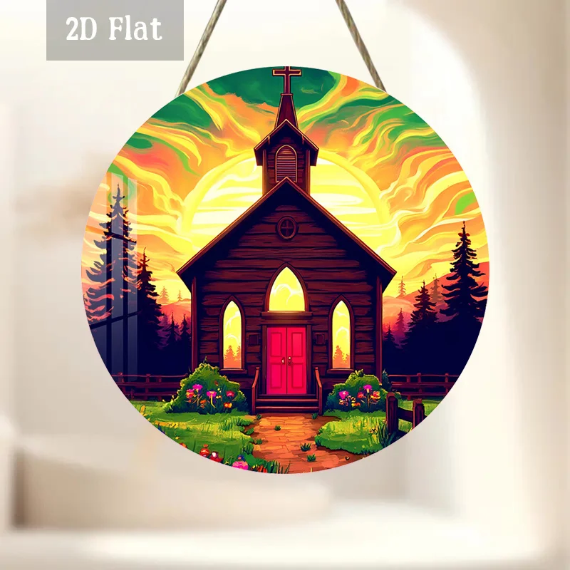 2D Flat, 1pc Vintage Round Wood Panel Church Painting - Frameless Suitable for Home, Cafe, Dining Room Wall Decor, Spiritual Mou