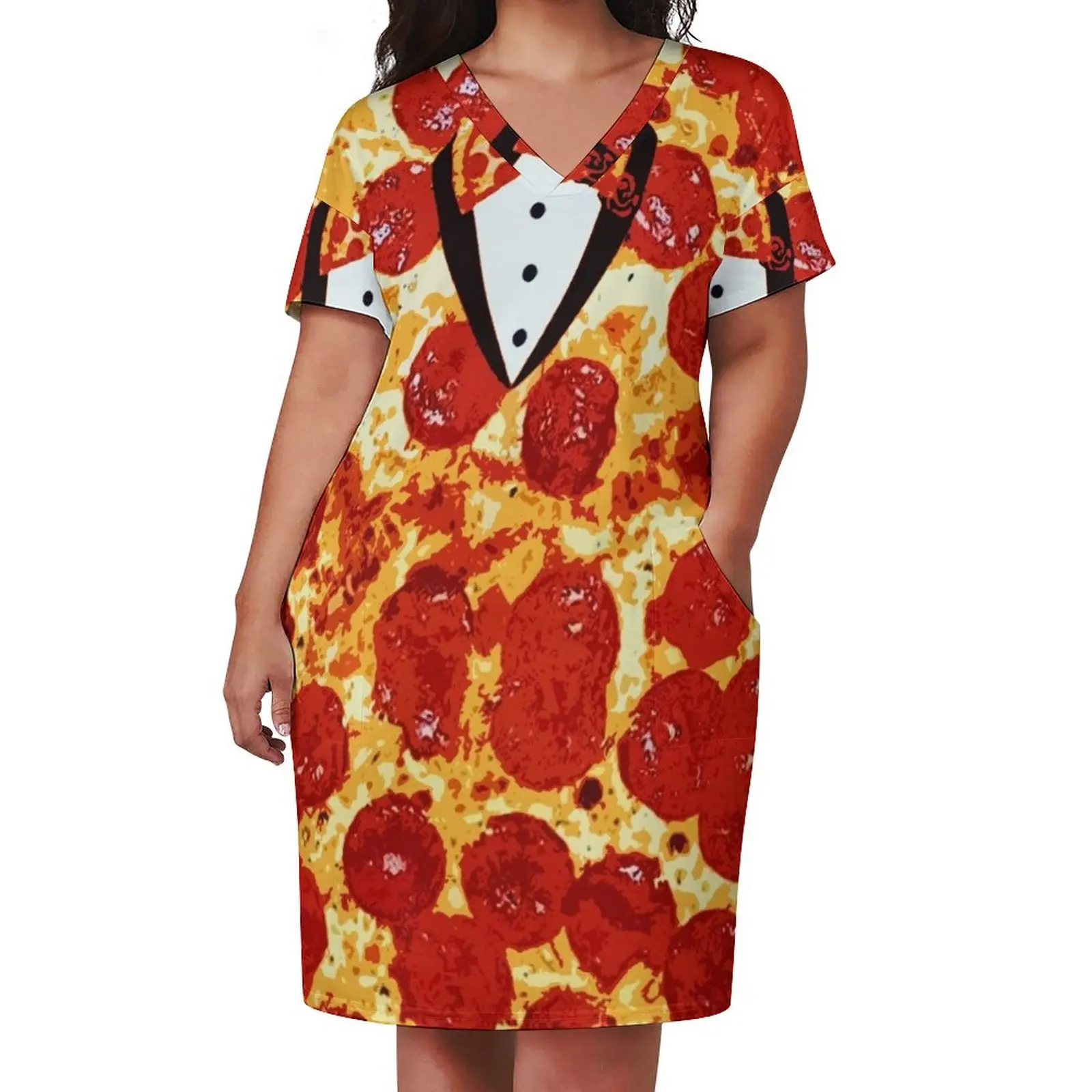 Pepperoni Pizza Tuxedo Loose Pocket Dress Beachwear Summer women