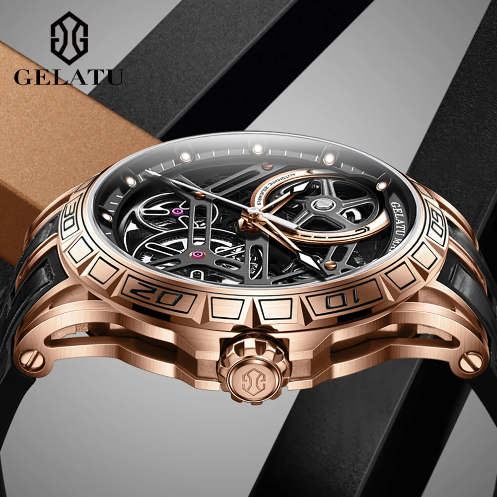 GELATU montres pour hommes de luxe mode bracelet en cuir évider cadran mécanique à remontage automatique Original montre-bracelet automatique lumineux