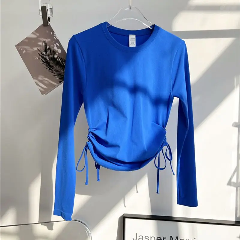 

Drawstring Short Street Casual T Shirts Spring Solid O-neck Slim Trend Pullovers Tops Fashion Korean Women Clothing JJ803