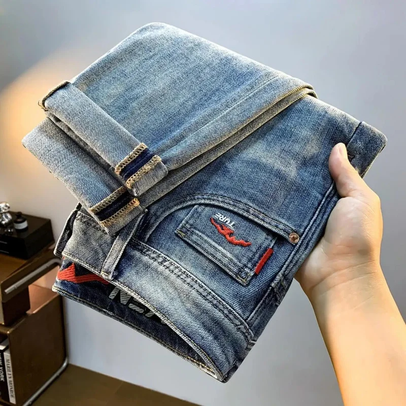 

New Summer Style 2026 Men's Vintage Blue Jeans with Fashion Embroidery Design, Stretch Fabric, Slim Fit Cut, Slim Legs, Trousers