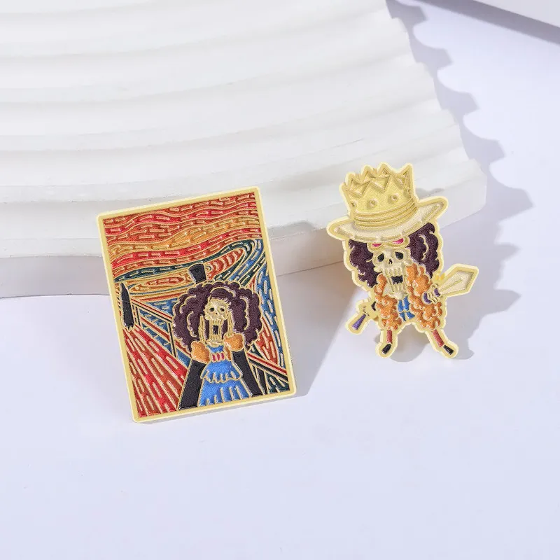 Pop anime One Piece peripheral retro oil painting style Brooke chest badge metal badge student backpack accessories gift
