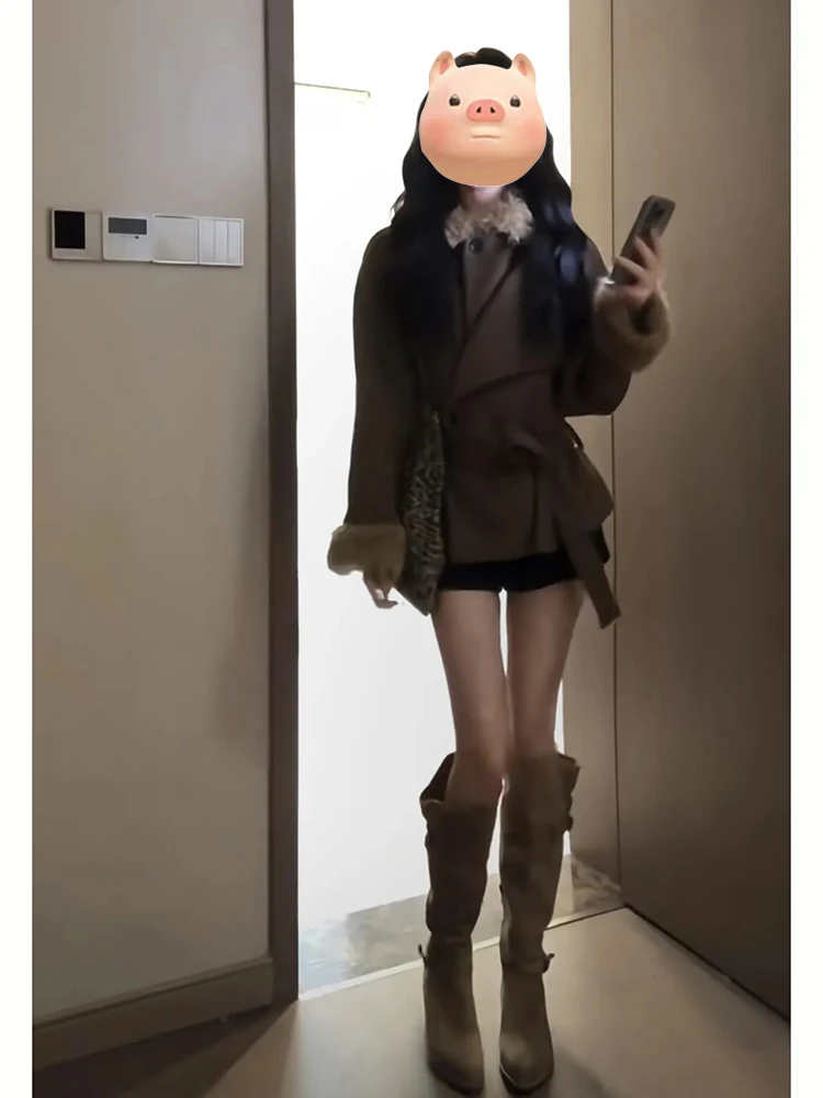 

Винтажное утепленное шерстяное пальто Ele для женщин, зимнее, уличный стиль, свободный крой, полиэстер, новинка 2025 года