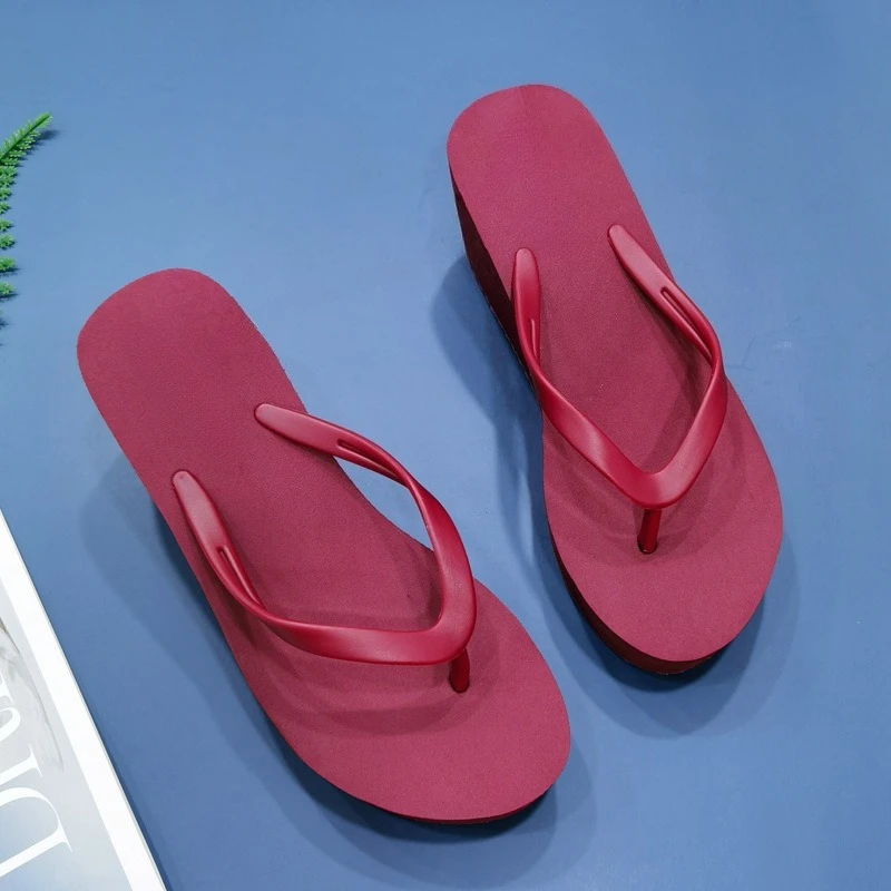 New high-heeled flip-flops women's summer wedge heel solid color sandals 7.5cm beach mops