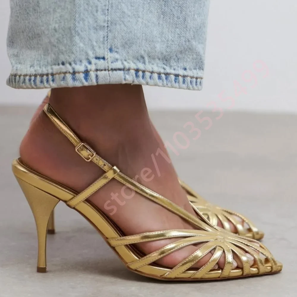 Metallic Cutout Cage Slingback Pumps Women 2026 Summer New Pointed Toe Thin Strap Buckle Thin Stiletto Elegant Daily Party Heels